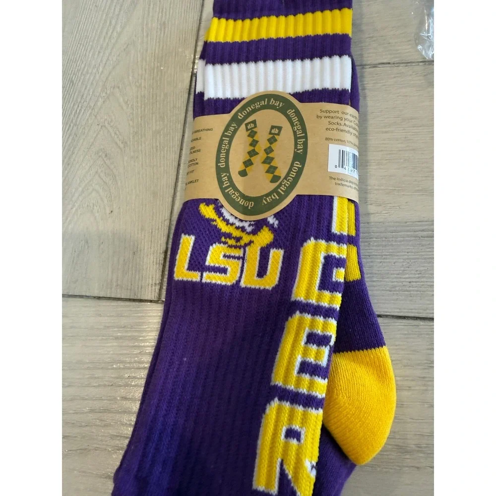 Donegal Bay LSU Tigers Crew Socks Purple Gold‎ Geaux NCAA Mens One Size NWT